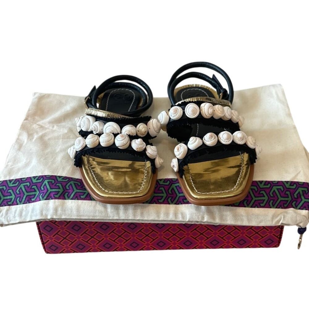 Tory Burch Sinclair Sandals Black Gold Seashell Flat 7.5 - Picture 7 of 11